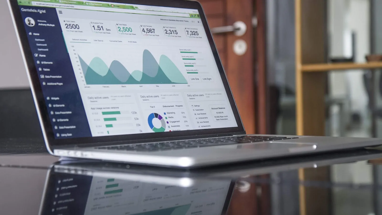 Laptop showing a brand moodboard and analytics charts